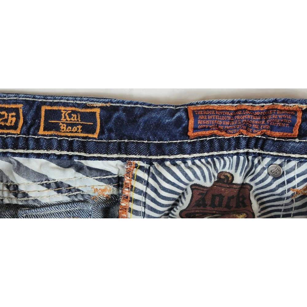 Rock Revival Kai Bootcut Jeans Dark Wash Distressed Thick Stitch Buckle 28x29 - Picture 6 of 11